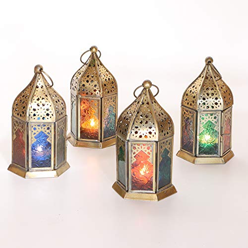 Ramadan Windlicht Nael Multi 4 Set aus Metall, Reliefglas bunt Höhe 16 cm, Marokkanische Glaslaterne 4-Set in Antik-Messing-Look für Ramadan Deko drinnen & draußen WDL1040 von Casa Moro