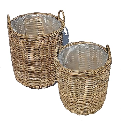 Rattan Korb RIMINI 2er Set rund mit Henkel aus Natur-Rattan geflochten | Boho Chic Weidenkorb mit Folie ausgelegt | Flechtkorb Obstkorb | Allzweckkorb Pflanzkorb Blumenkorb | CV604 von Casa Moro