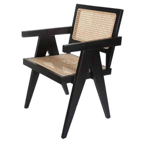 Teak Rattan Sessel NICO SCHWARZ mit Armlehnen | Retro-Stuhl aus Massivholz & Rattan | Armlehnstuhl breit & stabil für Garten Terrasse Küche Lounge Esszimmer | AL2010 von Casa Moro