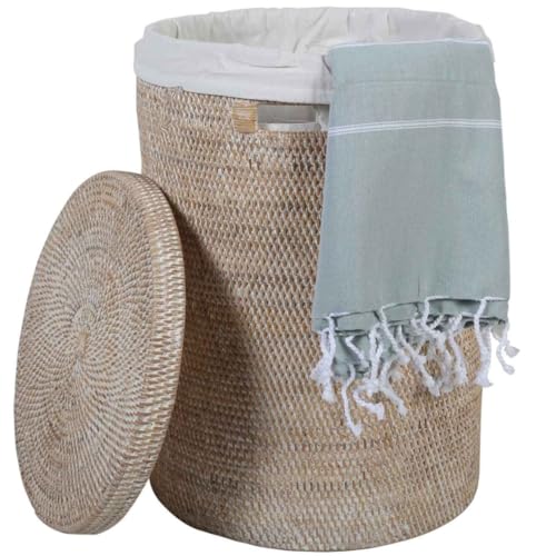 Wäschekorb Rattan Cleo Weiß Wäschsammler Aufbewahrung Wäschebox rund mit Deckel und Innensack Ø40 cm x Höhe 60 cm Größe XL von Casa Moro
