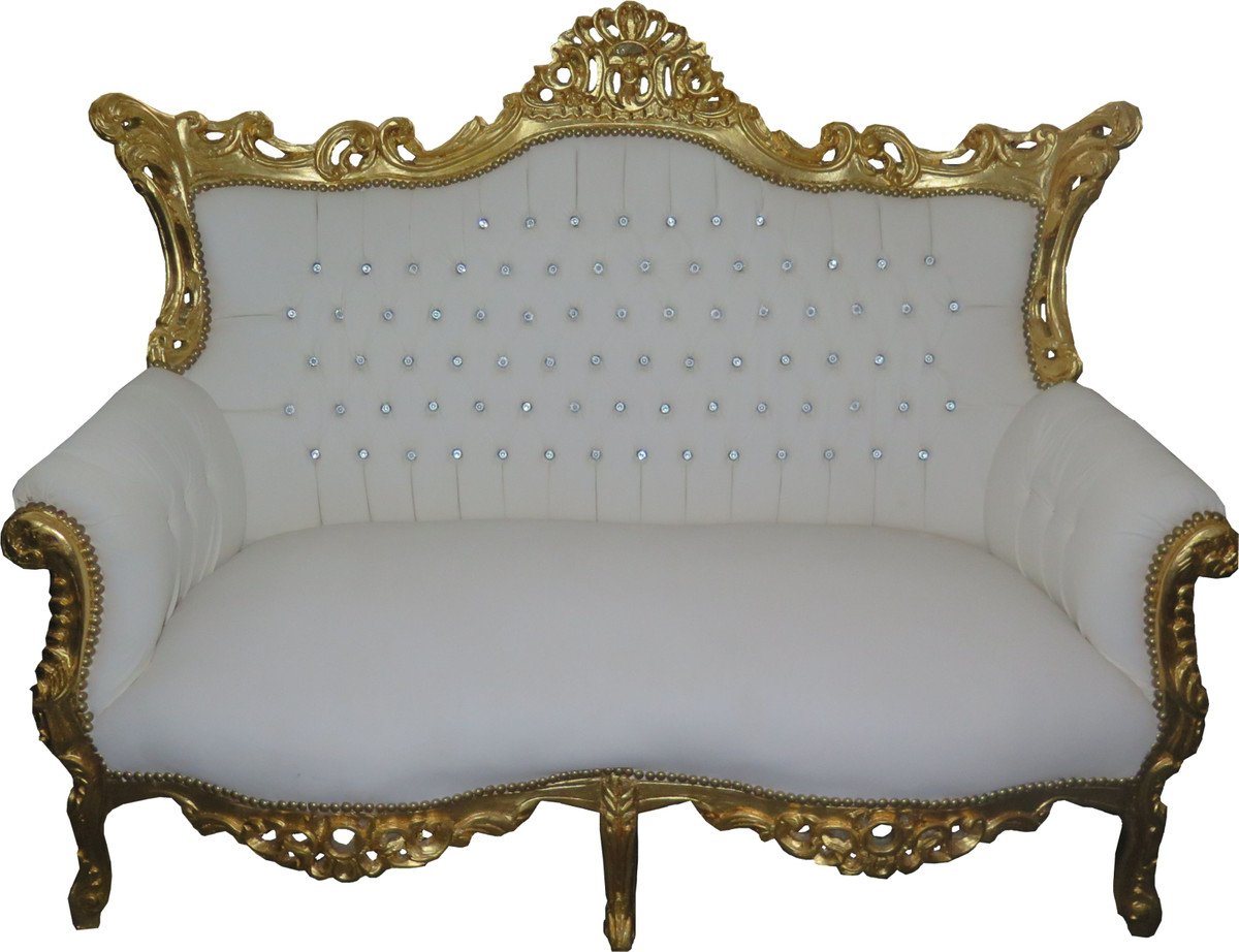 Casa Padrino 2-Sitzer Barock 2-er Sofa Master Weiß Lederoptik / Gold mit Bling Bling Glitzersteinen - Antik Stil Möbel - Limied Edition von Casa Padrino