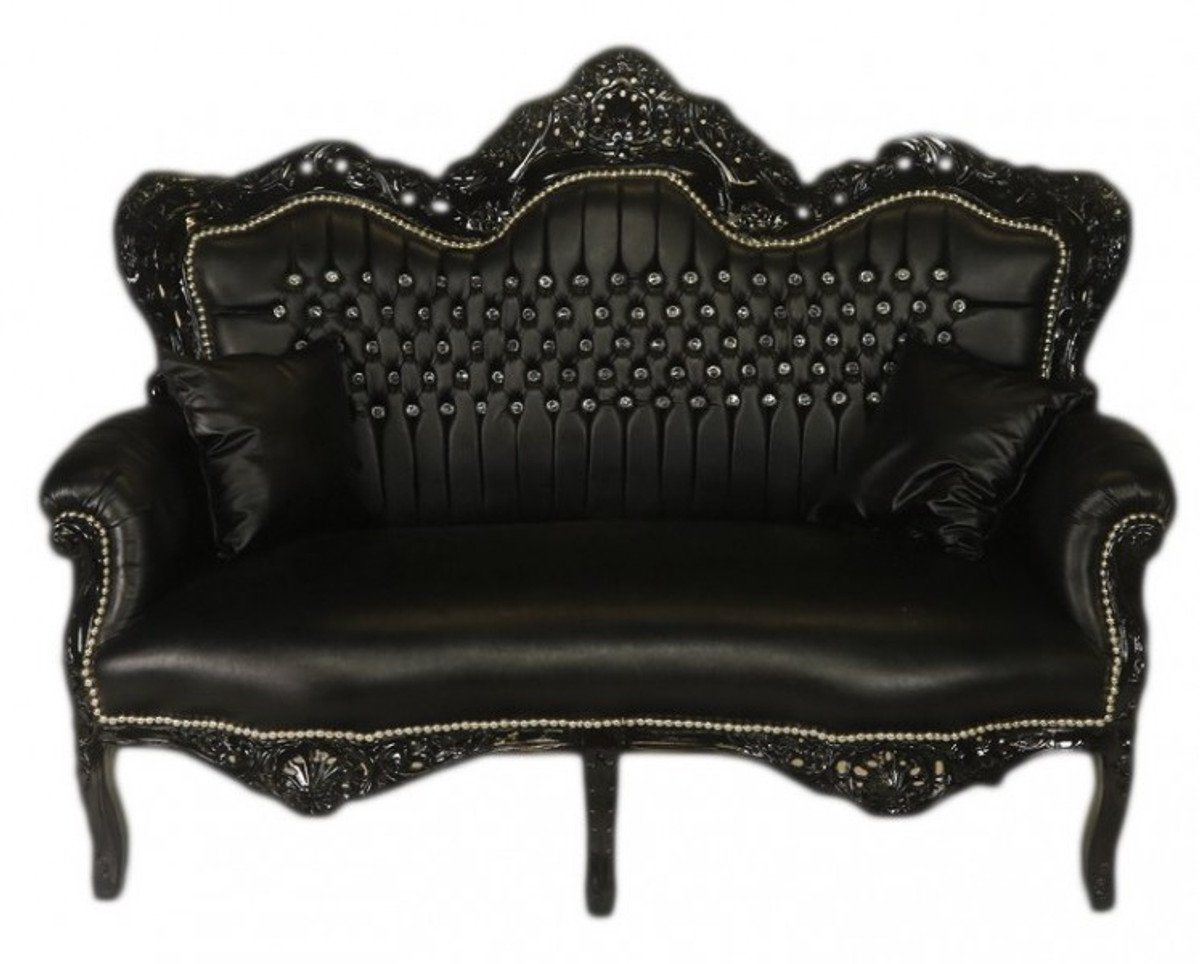 Casa Padrino 2-Sitzer Barock 2er Sofa Master Schwarz Lederoptik / Schwarz mit Bling Bling Glitzersteinen - Wohnzimmer Couch Möbel Lounge von Casa Padrino