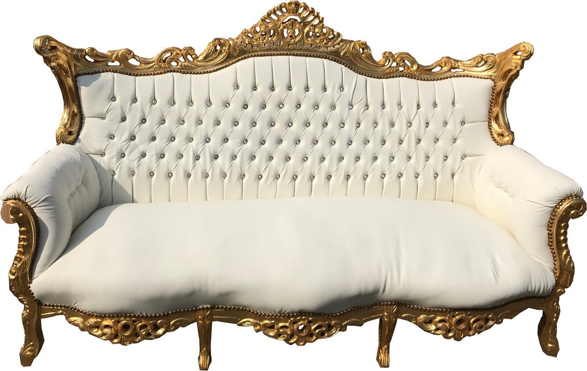 Casa Padrino 3-Sitzer Barock 3-er Sofa Master Weiss / Gold mit Bling Bling Glitzersteinen - Antik Möbel von Casa Padrino