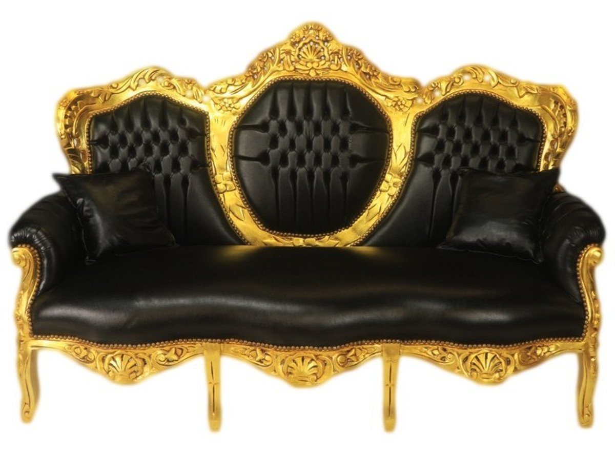 Casa Padrino 3-Sitzer Barock 3er Sofa King Schwarz Lederoptik / Gold - Wohnzimmer Couch Möbel Lounge von Casa Padrino