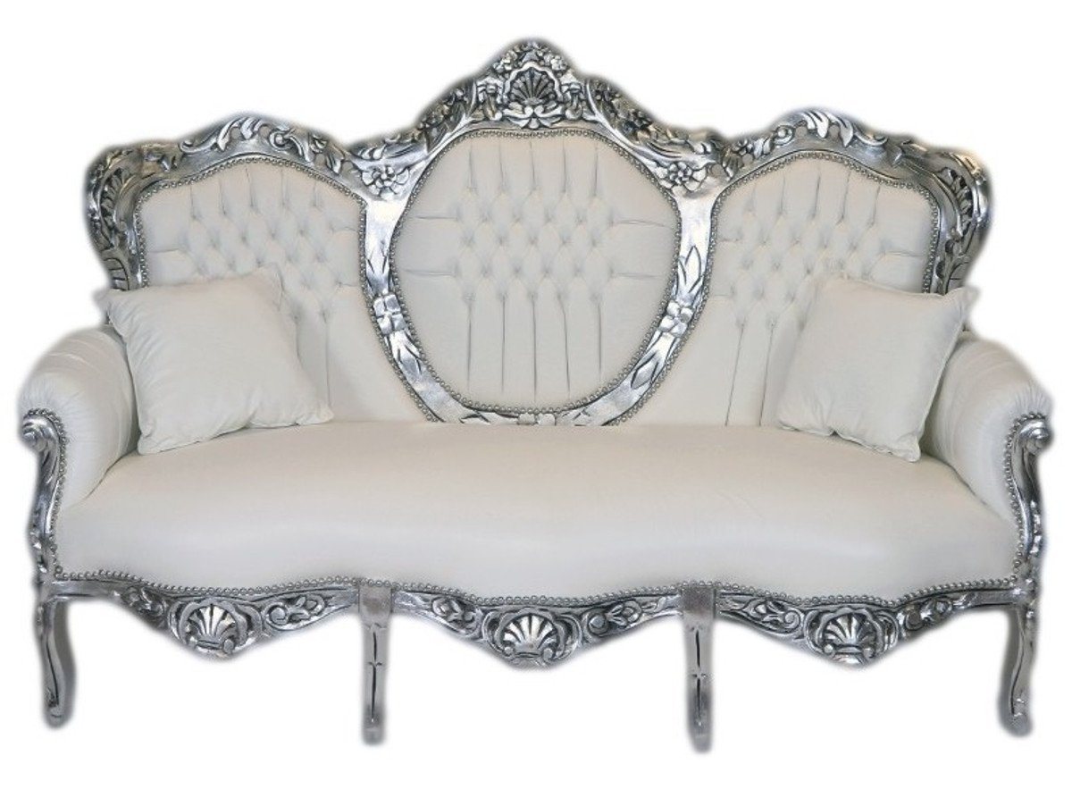 Casa Padrino 3-Sitzer Barock 3er Sofa King Weiß Lederoptik / Silber - Wohnzimmer Couch Möbel Lounge von Casa Padrino