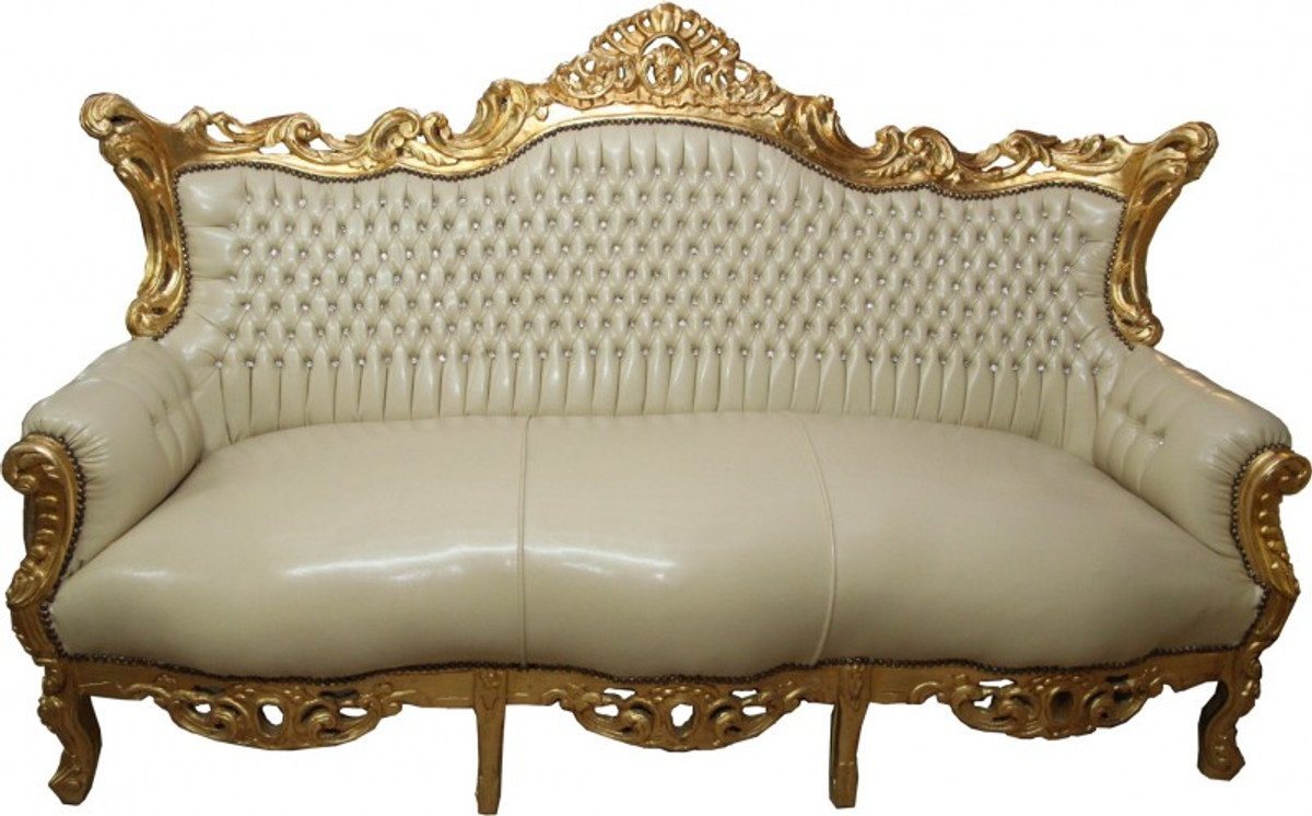 Casa Padrino 3-Sitzer Barock 3er Sofa Master Creme Lederoptik / Gold mit Bling Bling Glitzersteinen - Antik Stil Möbel von Casa Padrino