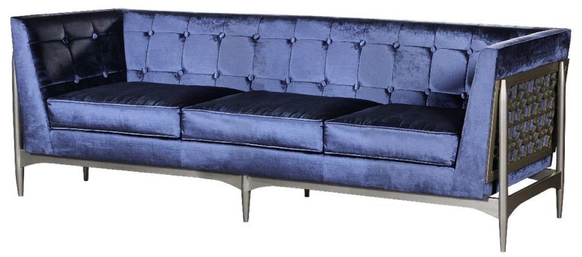 Casa Padrino 3-Sitzer Luxus Art Deco 3er Sofa Blau / Grau 250 x 76 x H. 83 cm - Edles Samt Sofa mit Mahagoni Rahmen - Art Deco Wohnzimmer Möbel von Casa Padrino