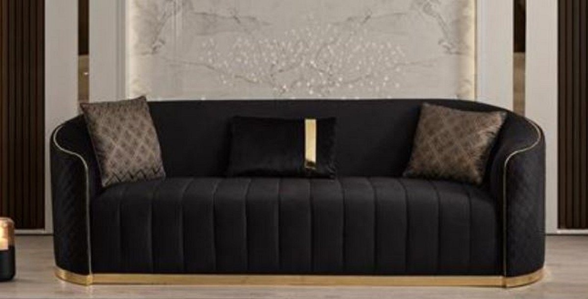 Casa Padrino 3-Sitzer Luxus Samt 3er Sofa Schwarz / Gold 240 x 95 x H. 74 cm - Wohnzimmer Sofa mit edlem Samtstoff - Wohnzimmer Möbel - Luxus Möbel - Wohnzimmer Einrichtung - Luxus Einrichtung von Casa Padrino