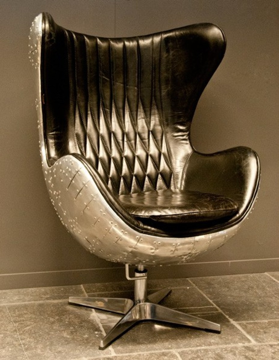 Casa Padrino Art Deco Lounge Chair Drehstuhl Sessel Aluminium / Echt Leder Schwarz Ei-Form - Club Sessel - Lounge Sessel -  Vintage Airplane MÃ¶bel von Casa Padrino