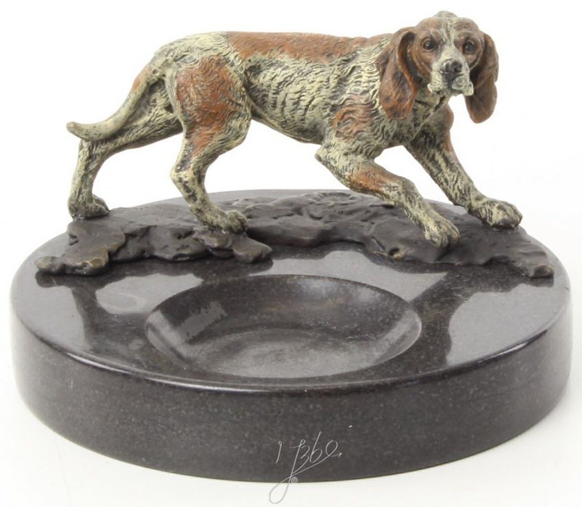 Casa Padrino Aschenbecher Luxus Marmor Aschenbecher mit dekorativer Bronzefigur Hund Mehrfarbig / Schwarz Ø 8,2 x H. 13 cm - Luxus Qualität von Casa Padrino