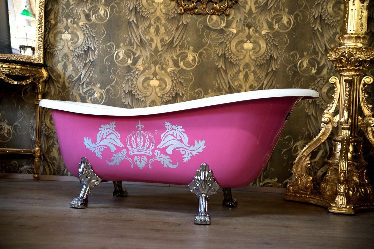 Casa Padrino Badewanne Luxus Badewanne freistehend von Harald Glööckler Pink / Silber / Weiß 1695mm mit silberfarbenen Löwenfüssen -AUSSTELLUNGSTÜCK- von Casa Padrino