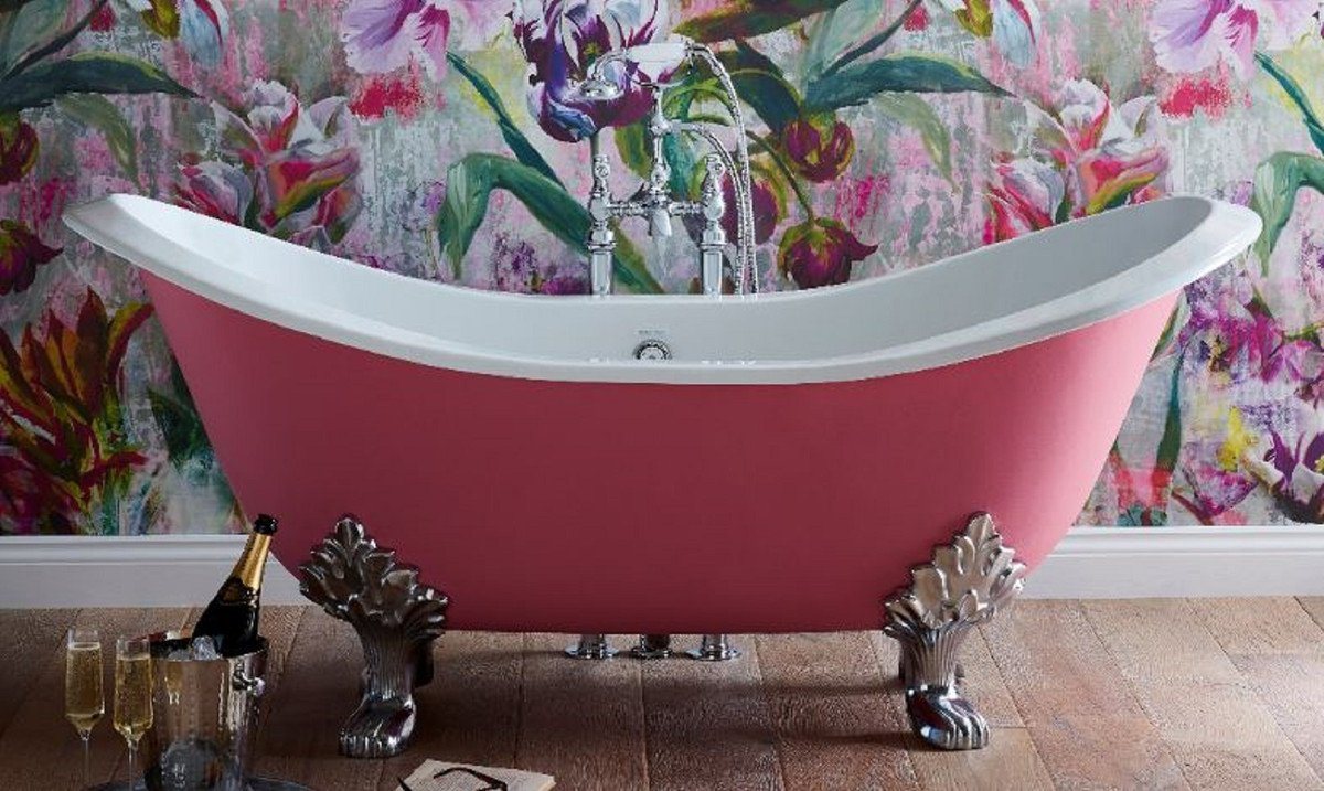 Casa Padrino Badewanne Luxus Jugendstil Badewanne Rosa / Weiß / Silber 180 x 77 x H. 79 cm - Gebogene freistehende Gusseisen Badewanne - Barock & Jugendstil Badezimmer Möbel von Casa Padrino