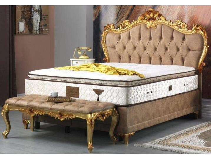 Casa Padrino Barock Doppelbett Braun / Gold - Prunkvolles Samt Bett mit Matratze - Schlafzimmer Set im Barockstil - Schlafzimmermöbel von Casa Padrino