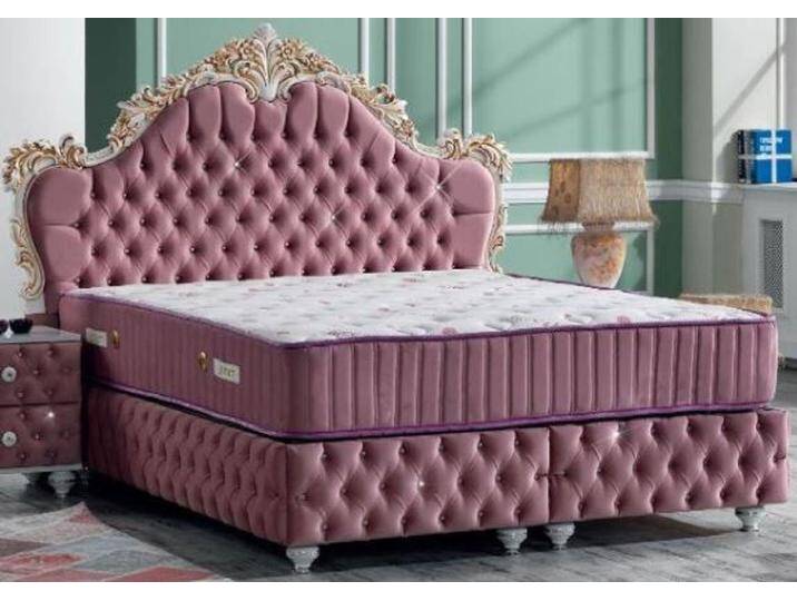 Casa Padrino Barock Doppelbett Rosa / Weiß / Antik Gold - Prunkvolles Samt Bett mit Glitzersteinen und Matratze - Schlafzimmer Set im Barockstil von Casa Padrino