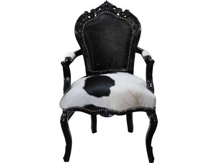 Casa Padrino Barock Esszimmer Stuhl Kuhfell / Schwarz mit Armlehnen - Echtes Kuh Fell von Casa Padrino