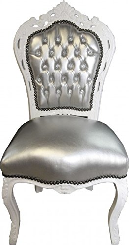 Casa Padrino Barock Esszimmer Stuhl Silber Lederoptik/Weiß mit Bling Bling Glitzersteinen von Casa Padrino