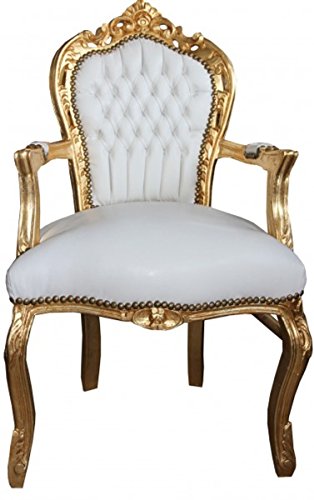 Casa Padrino Barock Esszimmer Stuhl mit Armlehnen Weiß/Gold Lederoptik von Casa Padrino
