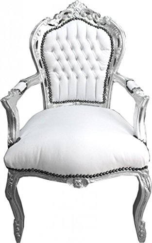 Casa Padrino Barock Esszimmer Stuhl mit Armlehnen Weiß/Silber Lederoptik - Möbel Antik Stil von Casa Padrino