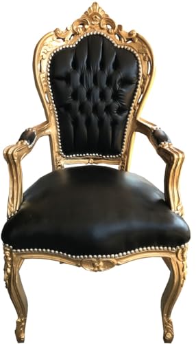 Casa Padrino Barock Esszimmerstuhl Schwarz/Gold Lederoptik mit Armlehnen - Esszimmer Stuhl Möbel von Casa Padrino