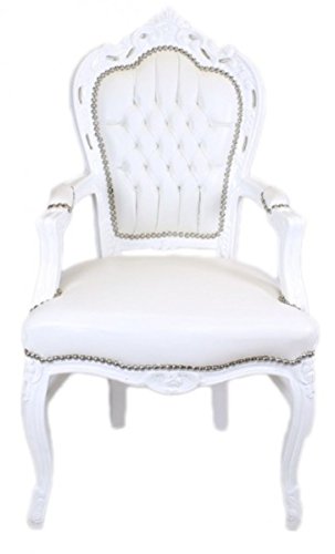 Casa Padrino Barock Esszimmerstuhl Weiß/Weiß Lederoptik mit Armlehnen - Barockstuhl - Antik Stil Stuhl von Casa Padrino