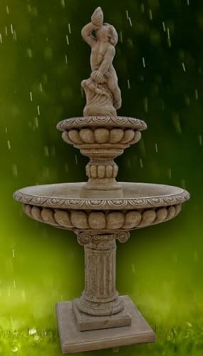 Casa Padrino Barock Gartenbrunnen Junge mit Muschel Dunkelgrau Ø 114 x H. 220 cm - 2 Stufiger Springbrunnen - Gartendeko Brunnen von Casa Padrino