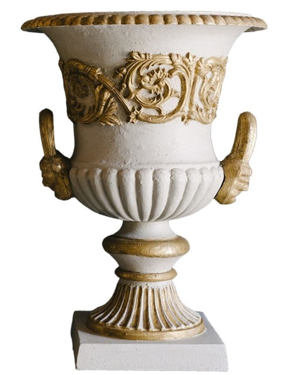 Casa Padrino Barock Gusseisen Vase mit Sockel Grau / Gold Ã 35 x H. 49 cm - Prunkvolle Gartendeko im Barockstil von Casa Padrino