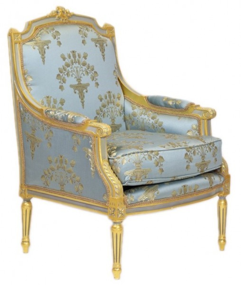 Casa Padrino Barock Lounge Thron Sessel Empire Blau-Grau Gold Muster / Gold - Ohren Sessel - Ohrensessel Tron Stuhl von Casa Padrino