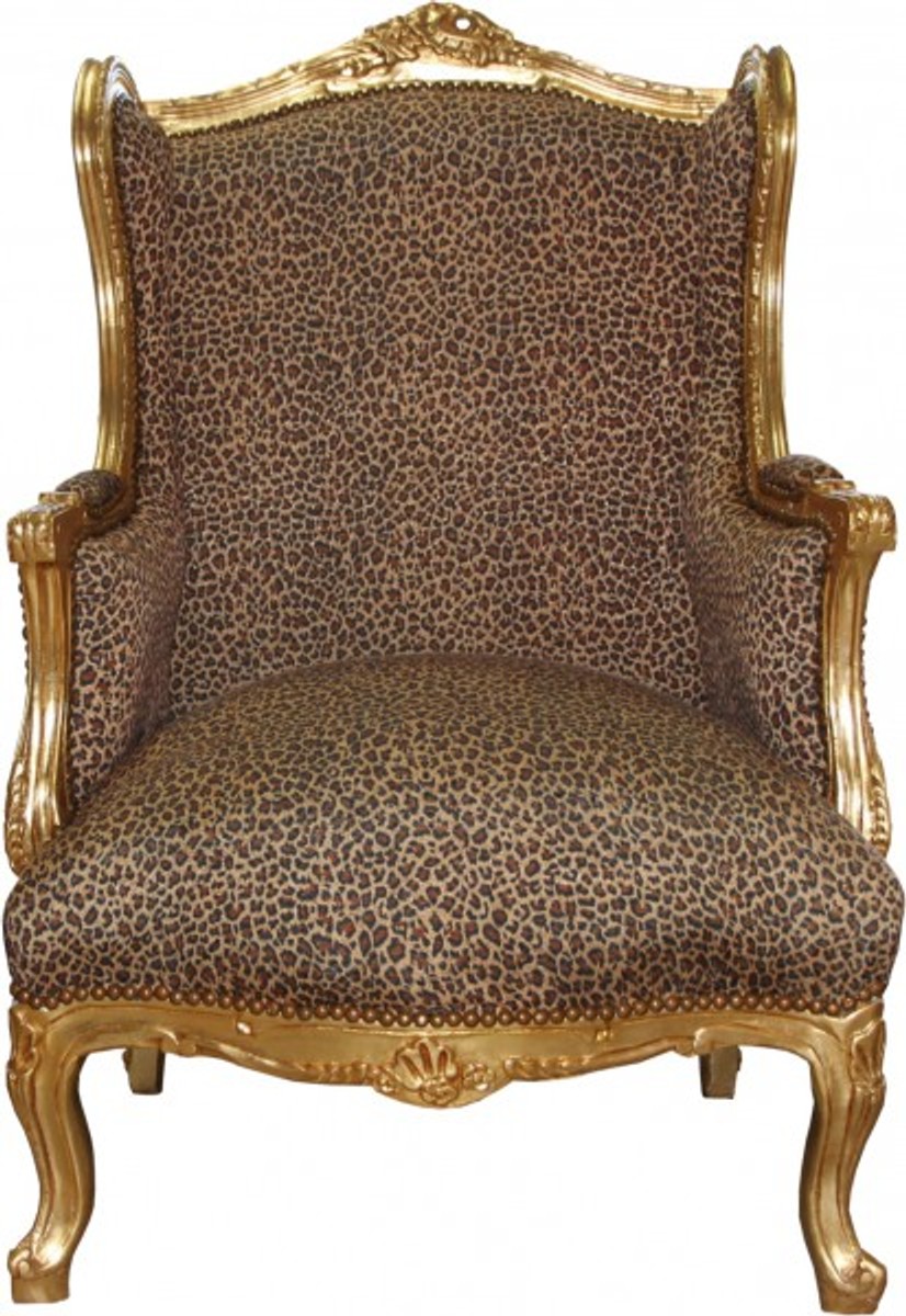 Casa Padrino Barock Lounge Thron Sessel Leopard / Gold Mod2 - Ohren Sessel - Ohrensessel Tron Stuhl von Casa Padrino