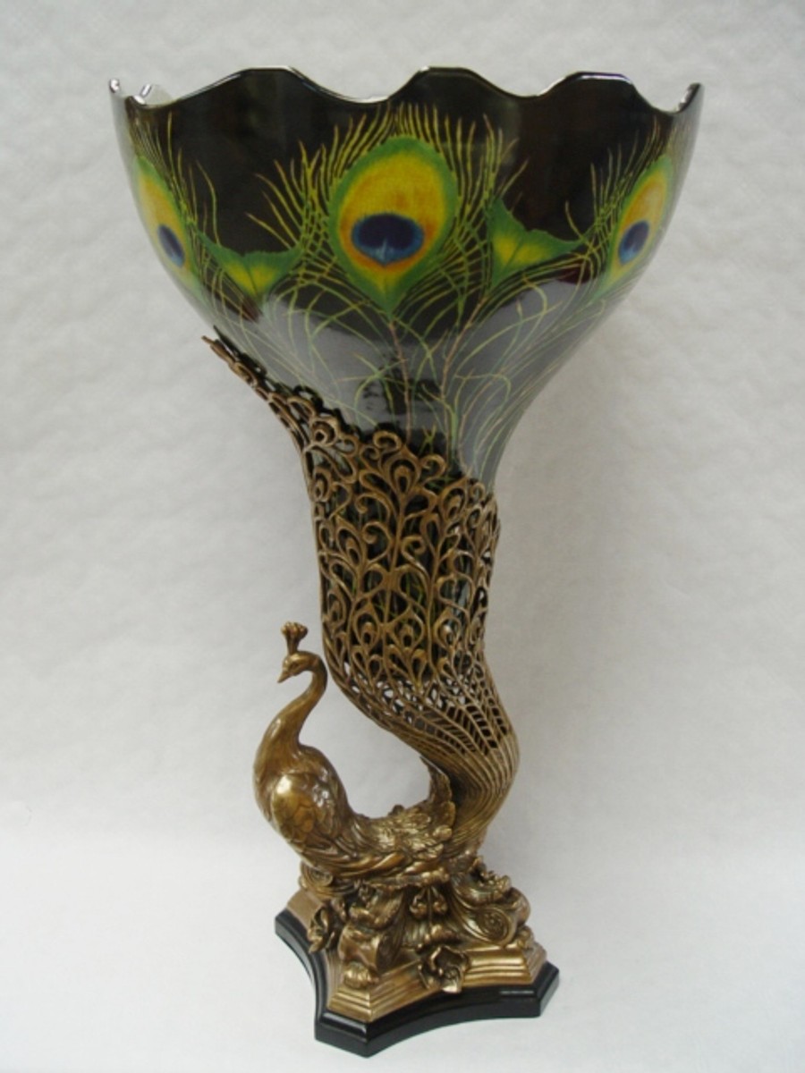 Casa Padrino Barock Porzellan / Messing Vase in Pfau Design - H. 69.5 cm - Luxus Vase von Casa Padrino