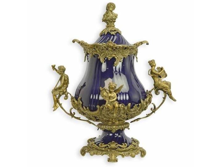 Casa Padrino Barock Porzellan Schüssel Dunkelblau / Messing H. 52 cm - Barock Deko von Casa Padrino