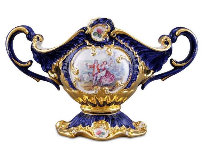 Casa Padrino Barock Schüssel Blau / Gold / Mehrfarbig 46 x 22 x H. 29 cm - Handbemalte Keramik Schüssel mit romantischem Motiv von Casa Padrino