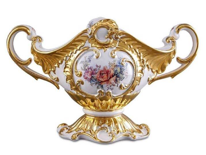 Casa Padrino Barock Schüssel Weiß / Gold / Mehrfarbig 46 x 22 x H. 29 cm - Handbemalte Keramik Schüssel mit Blumenmotiv von Casa Padrino