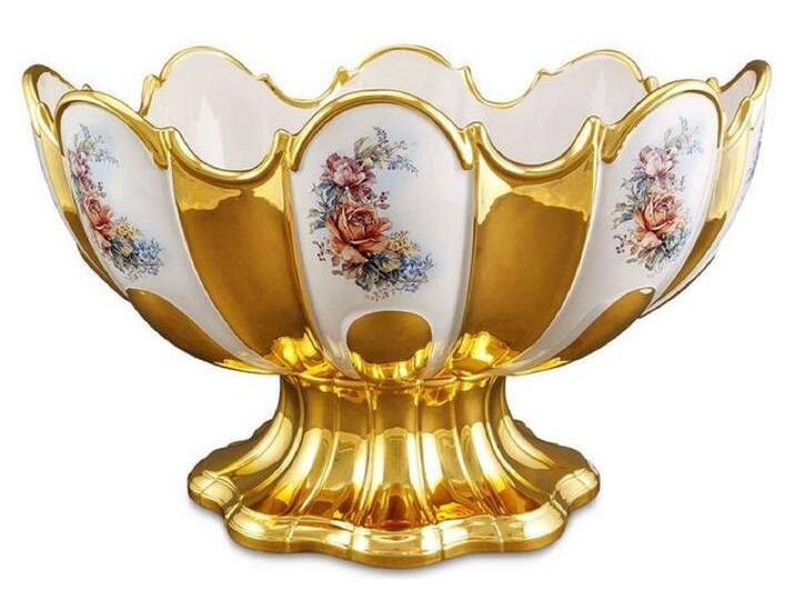 Casa Padrino Barock Schüssel mit Blumen Design Gold / Weiß / Mehrfarbig 52 x 42 x H. 32 cm - Prunkvolle handgefertigte & von Hand bemalte Keramik Schüssel veredelt mit 24 Karat Gold von Casa Padrino