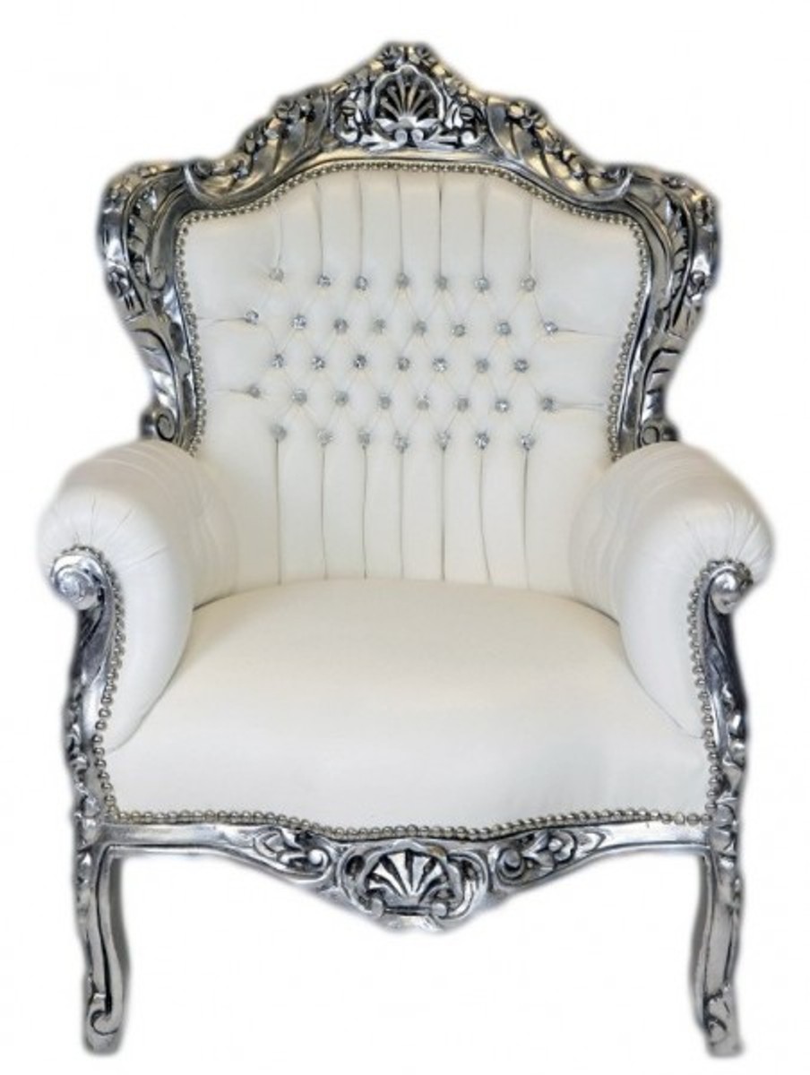 Casa Padrino Barock Sessel King WeiÃ Lederoptik / Silber mit Glitzersteinen - Barock Lounge MÃ¶bel von Casa Padrino