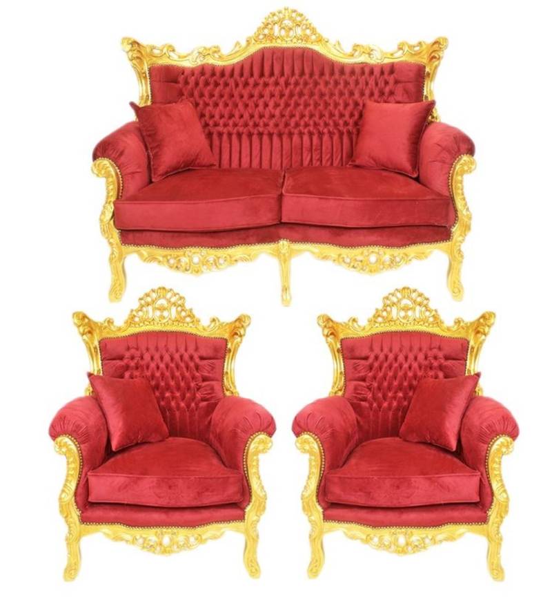 Casa Padrino Barock Wohnzimmer Set Bordeaux Samtstoff / Gold - 2er Sofa + 2 Sessel von Casa Padrino