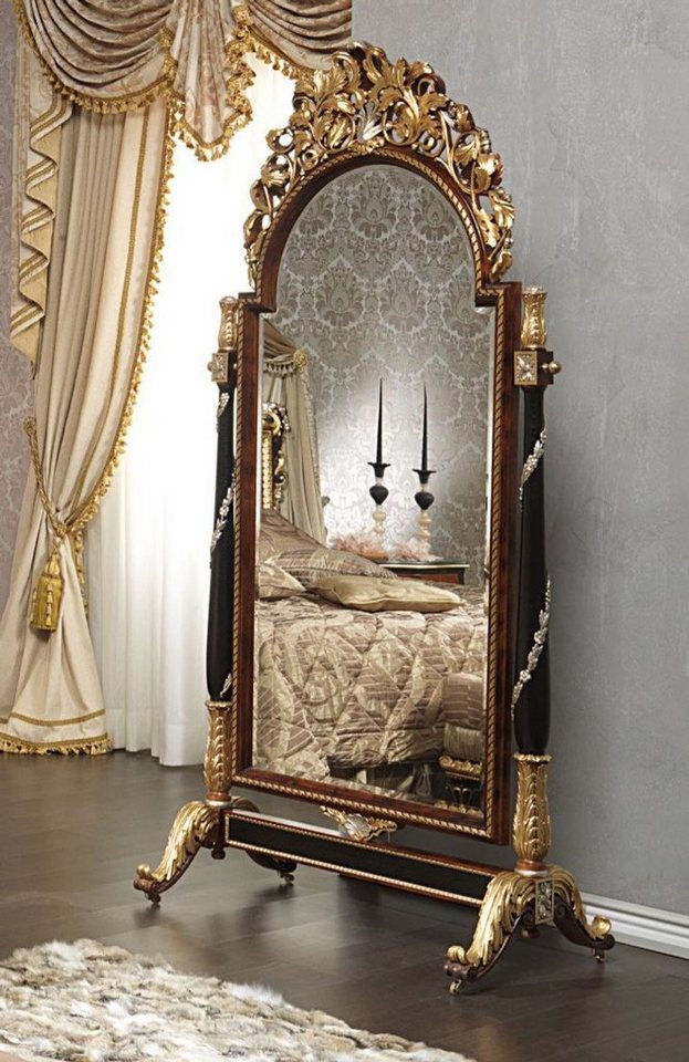 Casa Padrino Barockspiegel Luxus Barock Standspiegel mit Rollen Braun / Schwarz / Gold / Silber 106 x 56 x H. 218 cm - Prunkvolle handgeschnitzte Barock Möbel - Luxus Qualität - Made in Italy von Casa Padrino