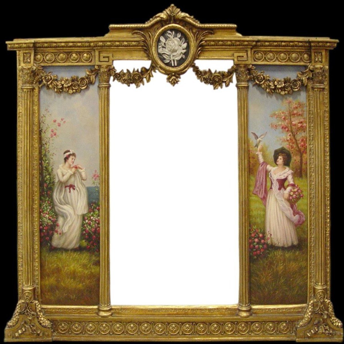 Casa Padrino Barockspiegel Luxus Barock Wandspiegel Gold 152,5 cm x 146,4 cm - Goldener Spiegel mit Blumen Ornamenten - Rechts und Links mit Barock Gemälden Spiegel von Casa Padrino