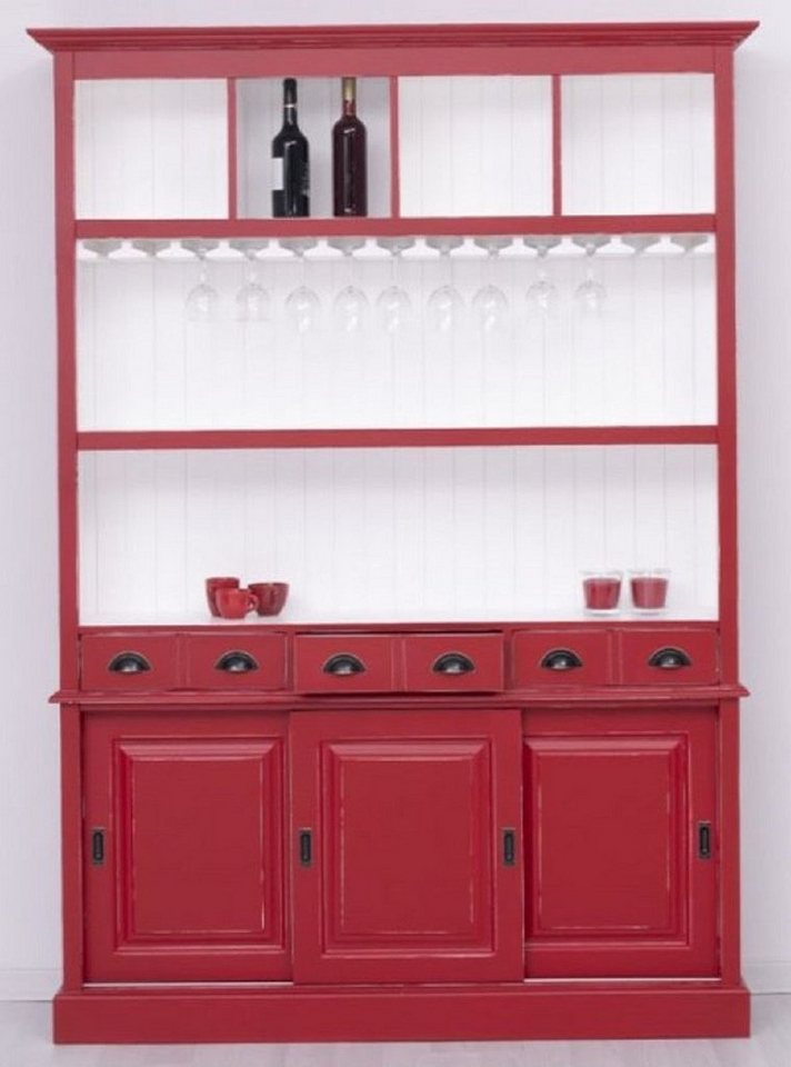 Casa Padrino Barschrank Casa Padrino Landhausstil Massivholz Barschrank Antik Rot / Weiß 151 x 36 x H. 210 cm - Massivholz Weinschrank im Landhausstil - Massivholz Bar Möbel - Landhausstil Bar Möbel von Casa Padrino