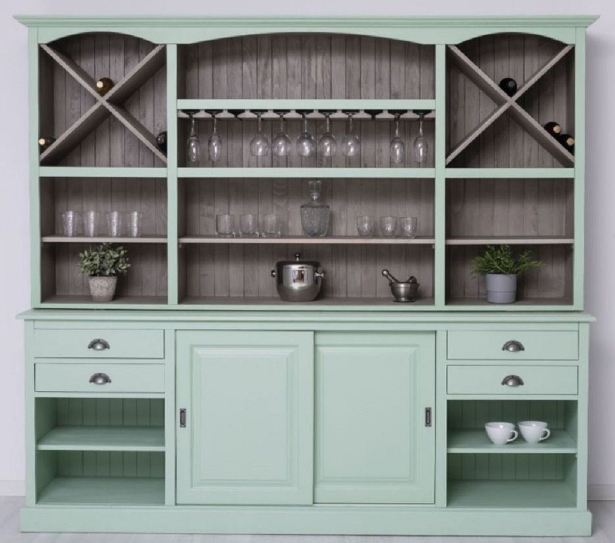 Casa Padrino Barschrank Landhausstil Barschrank Mintgrün / Grau 240 x 50 x H. 210 cm - Massivholz Weinschrank im Landhausstil - Landhausstil Möbel - Bar Möbel im Landhausstil - Landhausstil Einrichtung von Casa Padrino