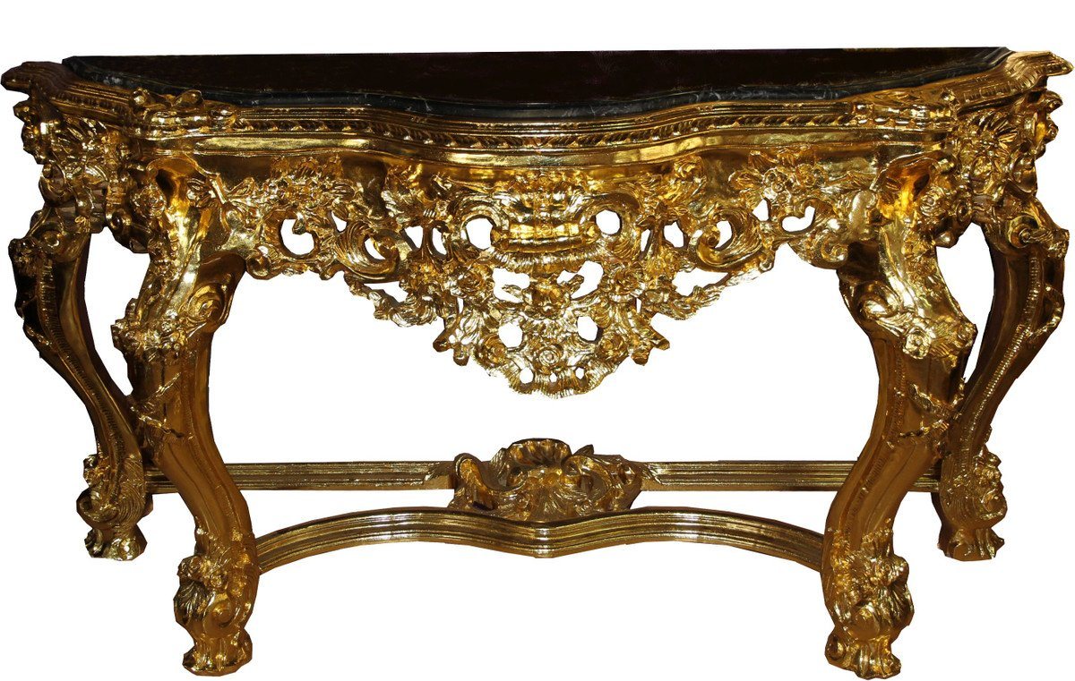 Casa Padrino Beistelltisch Barock Luxus Konsolentisch Gold / Schwarz mit Marmorplatte B 175 cm - Barock Konsole - Limited Edition von Casa Padrino