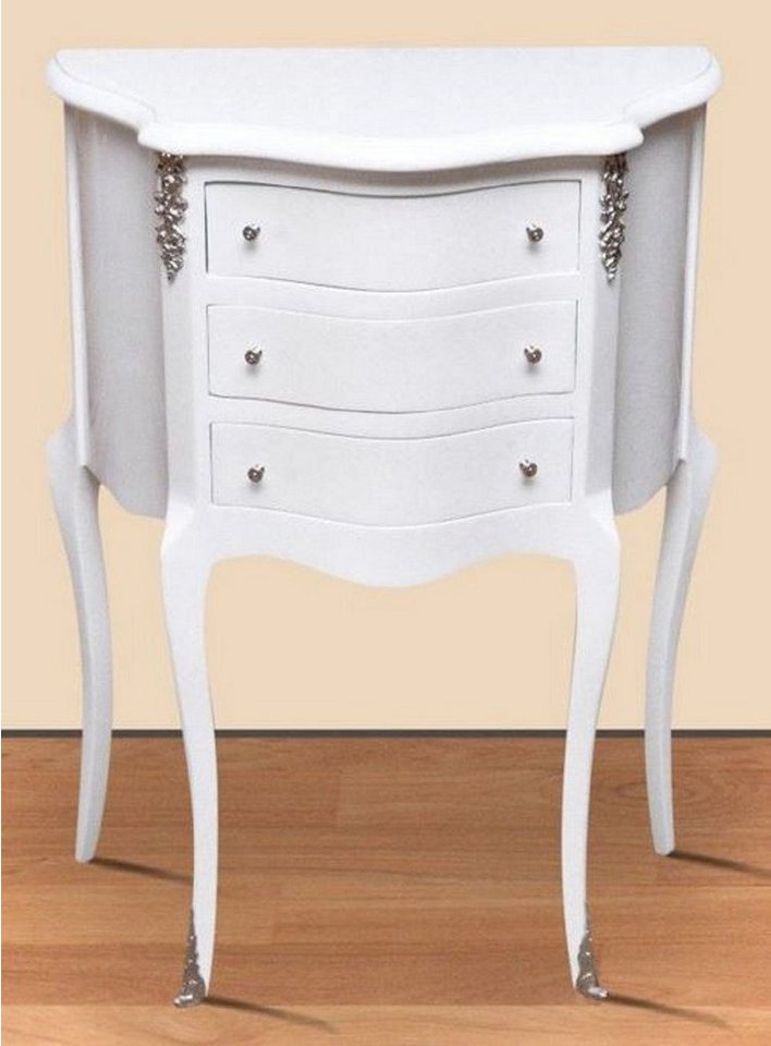 Casa Padrino Beistelltisch Barock Nachtkommode Weiß / Silber - Massivholz Nachttisch - Beistelltisch mit 3 Schubladen - Handgefertigte Barock Möbel von Casa Padrino
