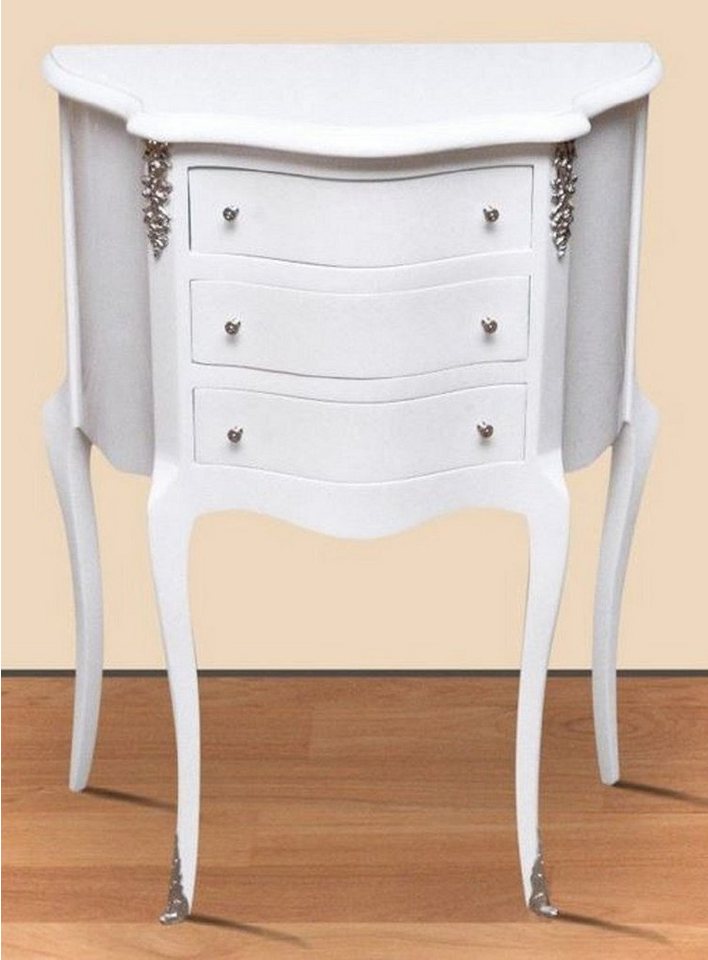 Casa Padrino Beistelltisch Barock Nachtkommode Weiß / Silber - Massivholz Nachttisch - Beistelltisch mit 3 Schubladen - Handgefertigte Barock Möbel Casa Padrino Beistelltisch Barock Nachtkommode Weiß / Silber - Massivholz Nachttisch - Beistelltisch mit 3 Schubladen - Handgefertigte Barock Möbel von Casa Padrino