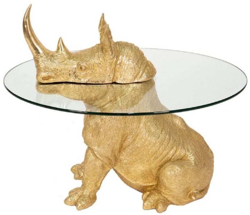 Casa Padrino Beistelltisch Casa Padrino Luxus Beistelltisch Nashorn Gold Ø 65 x H. 55 cm - Runder Kunstharz Tisch mit Glasplatte - Wohnzimmer Möbel - Luxus Möbel - Luxus Einrichtung - Wohnzimmer Einrichtung von Casa Padrino