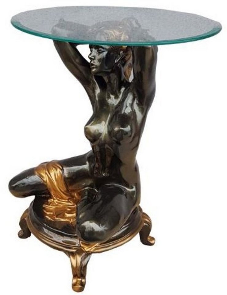 Casa Padrino Beistelltisch Jugendstil Beistelltisch kniende Frau Schwarz / Gold Ø 45 x H. 63,5 cm - Eleganter Tisch mit runder Glasplatte - Möbel von Casa Padrino