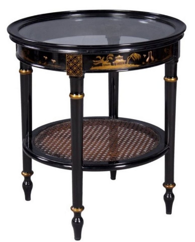 Casa Padrino Beistelltisch Luxus Barock Beistelltisch Schwarz / Gold Ø 48 x H. 53 cm - Runder Mahagoni Beistelltisch mit Glasplatte und chinesischen Verzierungen von Casa Padrino