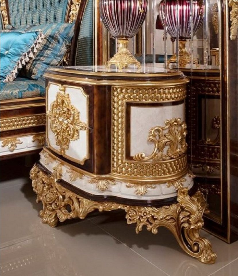 Casa Padrino Beistelltisch Luxus Barock Nachtkommoden Set Weiß / Braun / Gold - Prunkvolle Massivholz Nachttische - Barock Schlafzimmer Möbel - Edel & Prunkvoll von Casa Padrino
