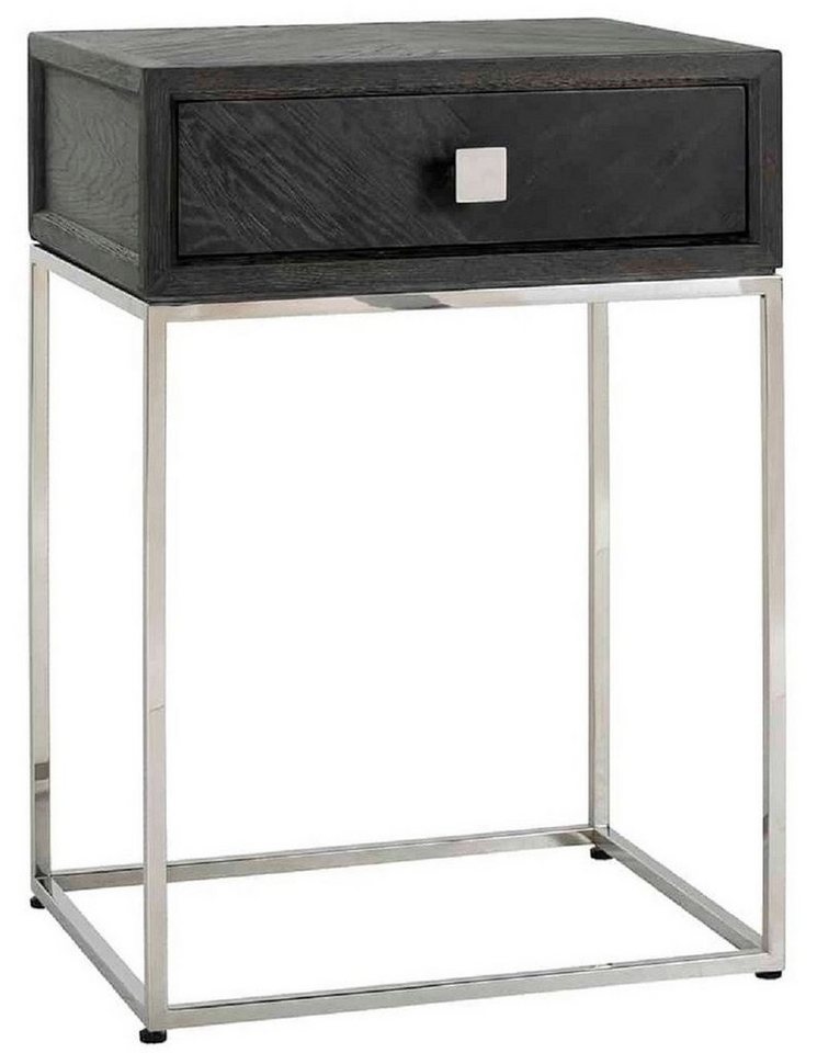 Casa Padrino Beistelltisch Luxus Beistelltisch Schwarz / Silber 50 x 40 x H. 71 cm - Massivholz Nachttisch mit Schublade und Edelstahl Gestell - Luxus Schlafzimmer Möbel von Casa Padrino