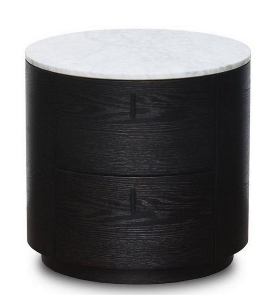 Casa Padrino Beistelltisch Luxus Beistelltisch Schwarz / Weiß Ø 48 x H. 46 cm - Runder Holz Tisch mit Marmorplatte und 2 Schubladen von Casa Padrino