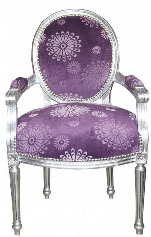 Casa Padrino Besucherstuhl Barock Salon Stuhl Lila Blumen Muster / Silber Mod2 Rund von Casa Padrino