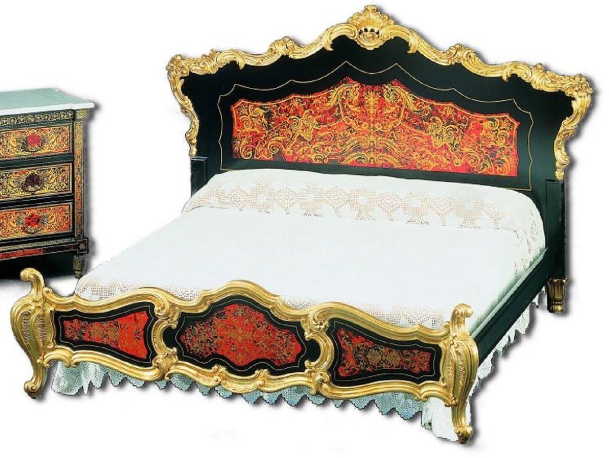 Casa Padrino Bett Boulle Doppelbett Schwarz / Rot / Gold 225 x 230 x H. 150 cm - Prunkvolles Massivholz Bett mit Kopfteil - Edle Schlafzimmer Möbel von Casa Padrino